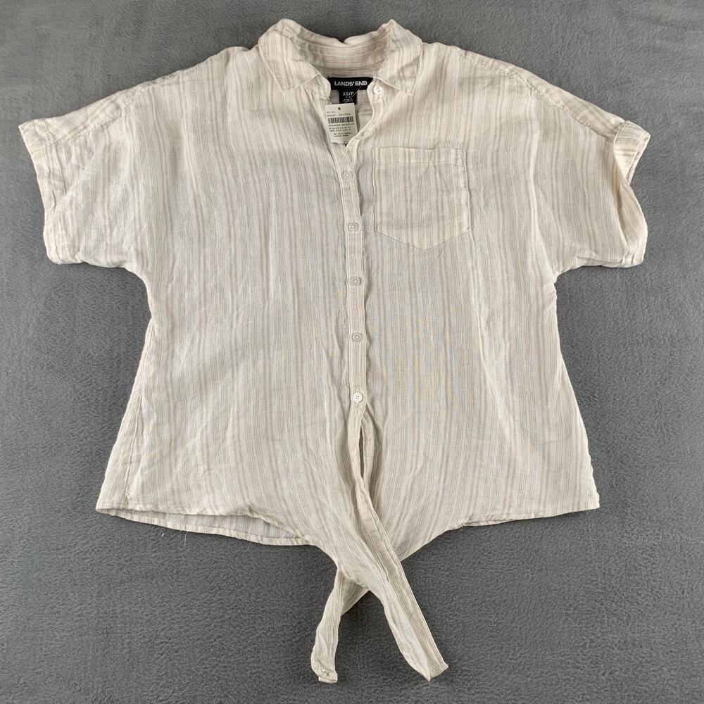 Lands’ End Linen Tie Front Shirt Soft Neutral Striped Coastal Boho Sustainable